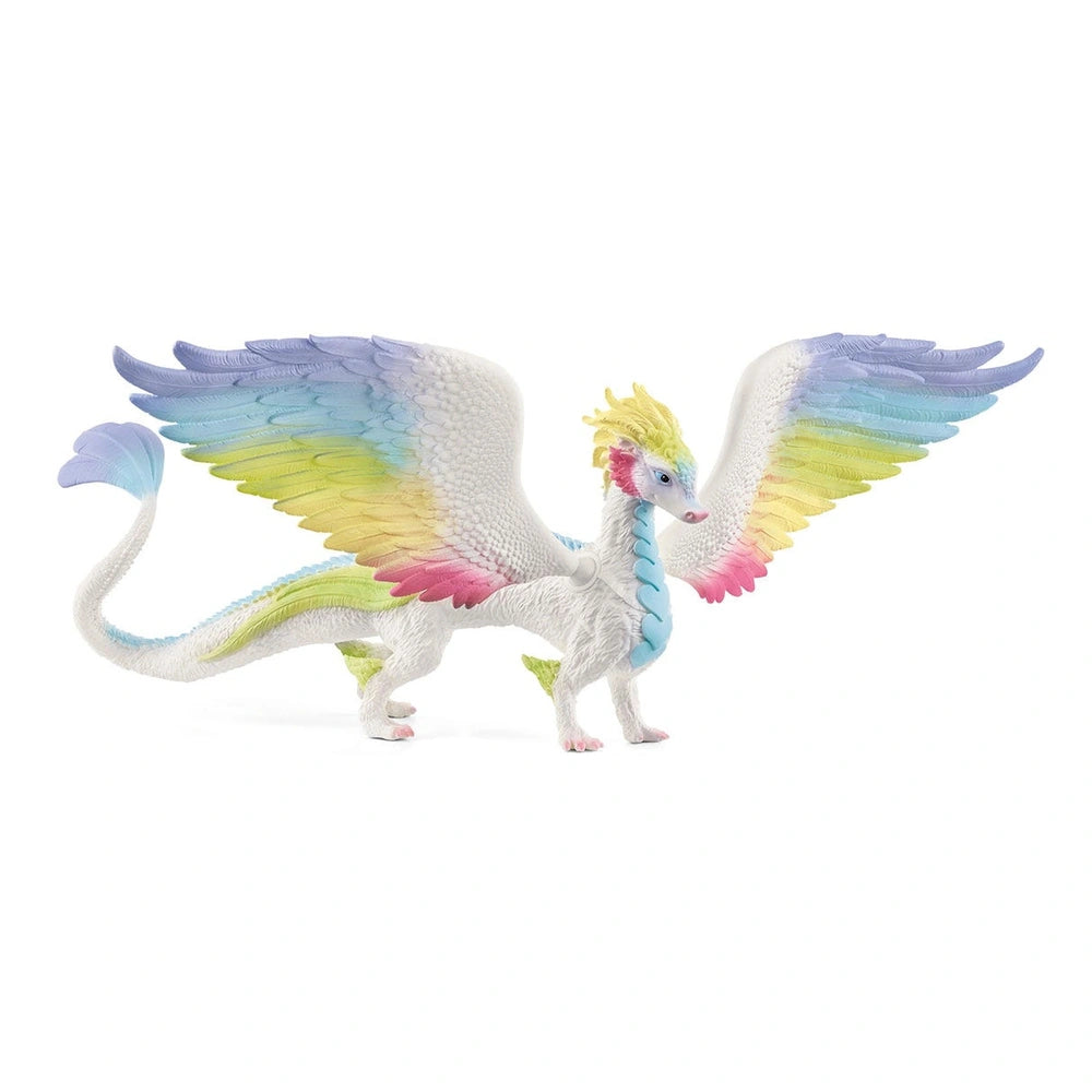Rainbow Dragon toy figure with multicolored gradient body, mane, horn, and detailed features, showcasing vibrant fantasy desi