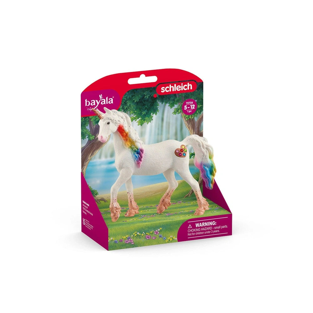 Schleich Bayala Rainbow Love Unicorn Mare toy in cardboard packaging with a clear plastic window and colorful printed text.
