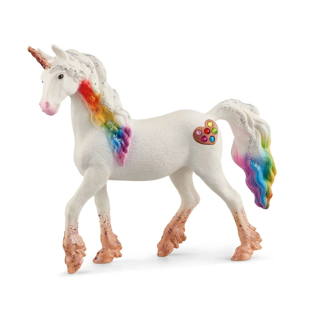 Schleich Rainbow Love Unicorn Mare figure features a multicolored mane and tail with glitter, made of smooth plastic.