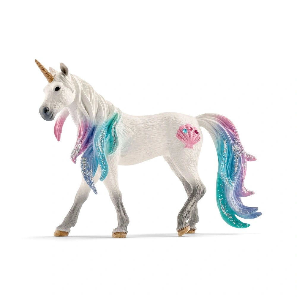 Schleich Bayala Sea Unicorn figure with white body, multi-colored mane, and glittery tail on a plain white background.