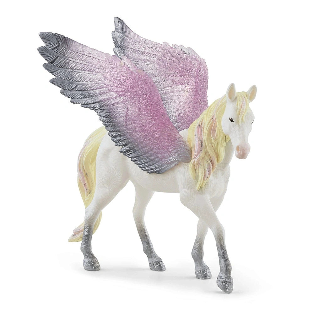 Sunrise Pegasus toy figure with shiny white body, pink and gray translucent wings, detailed mane, tail, and facial features.
