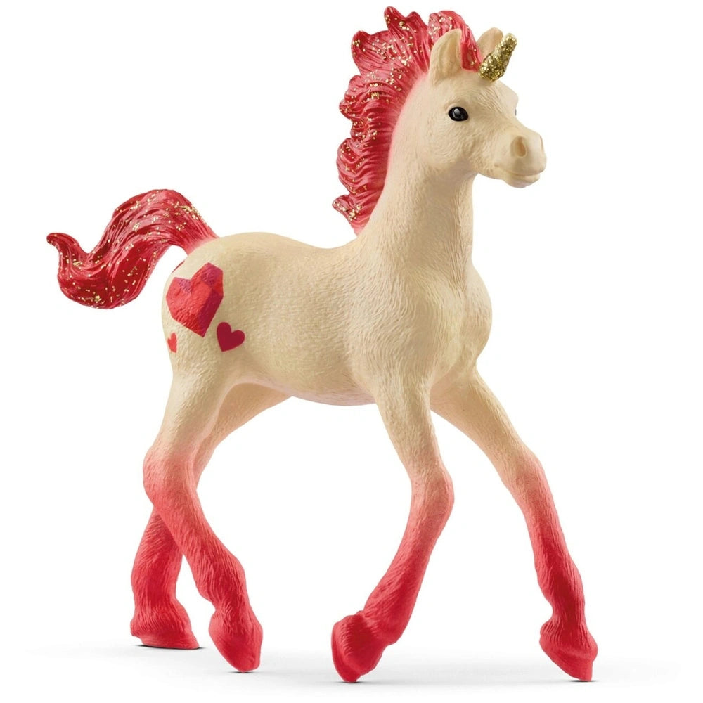 Unicorn Crystals figure with a matte white body, glossy red mane and tail, and a red heart design on its side.