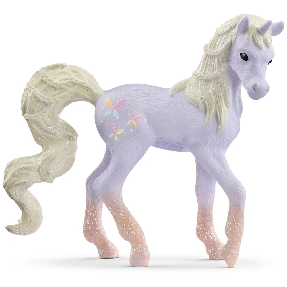 Purple unicorn with white mane and tail, featuring a white face, chest, and belly, centered in the display.