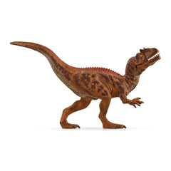 Allosaurus dinosaur figure in brown with black claws, yellow eyes, and white teeth, centered for display.