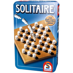 Schmidt Games Solitaire packaging features a wooden checkerboard with white checkers, highlighted by blue background and bold