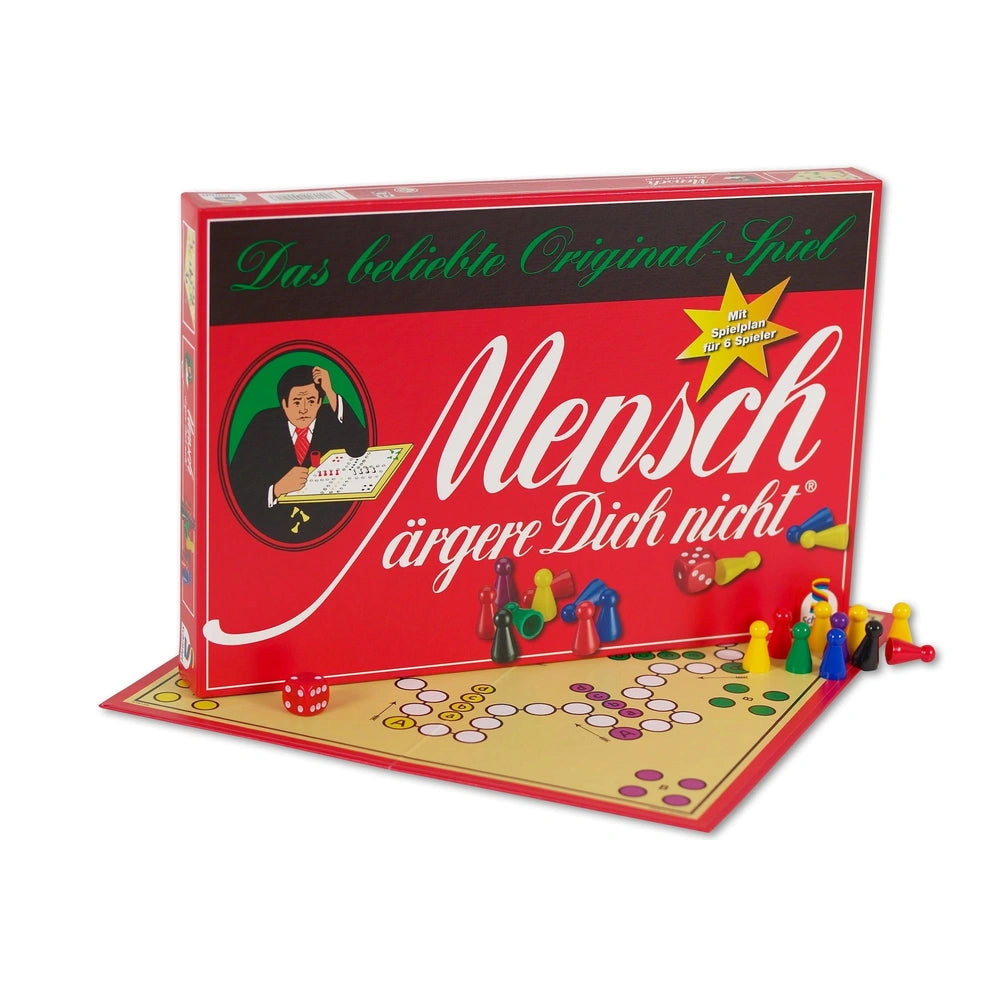 Schmidt Games Standard Edition box in red features a thoughtful man graphic, surrounded by colorful game pieces on a flat sur