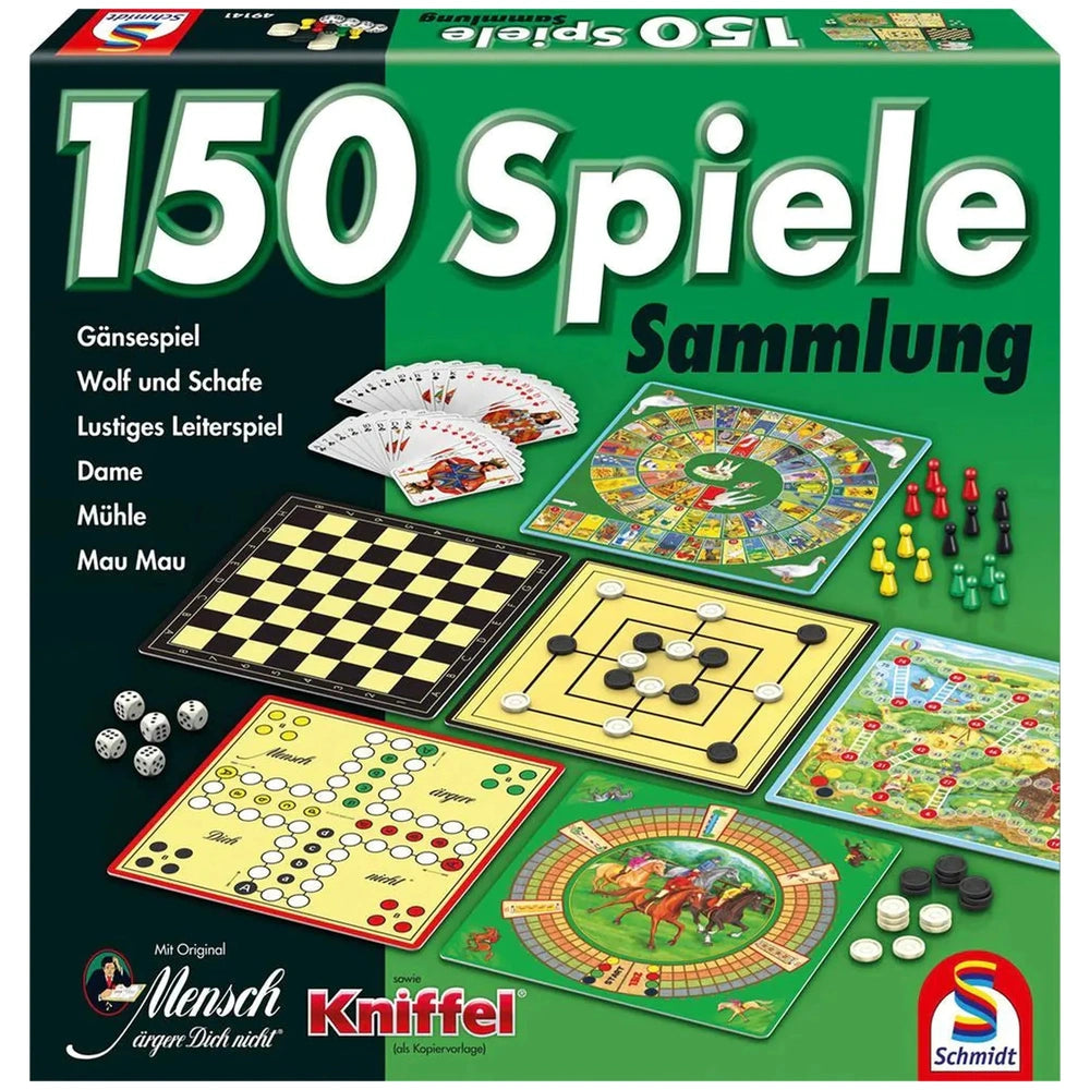 Schmidt Spiele's "150 Spiele Sammlung" board game box features a green and black design with game pieces and a checkerboard b