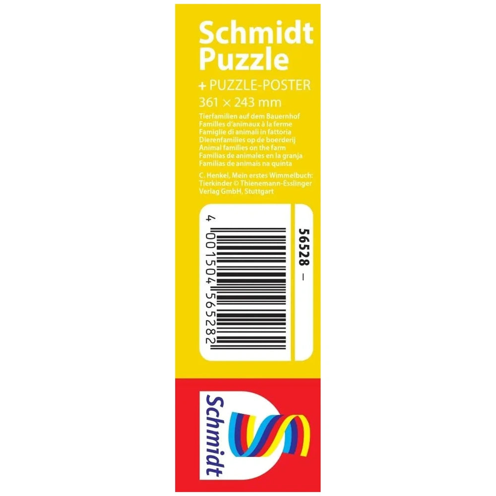 Schmidt Spiele Animal Families on the Farm puzzle packaging features a yellow background with red borders and multilingual te