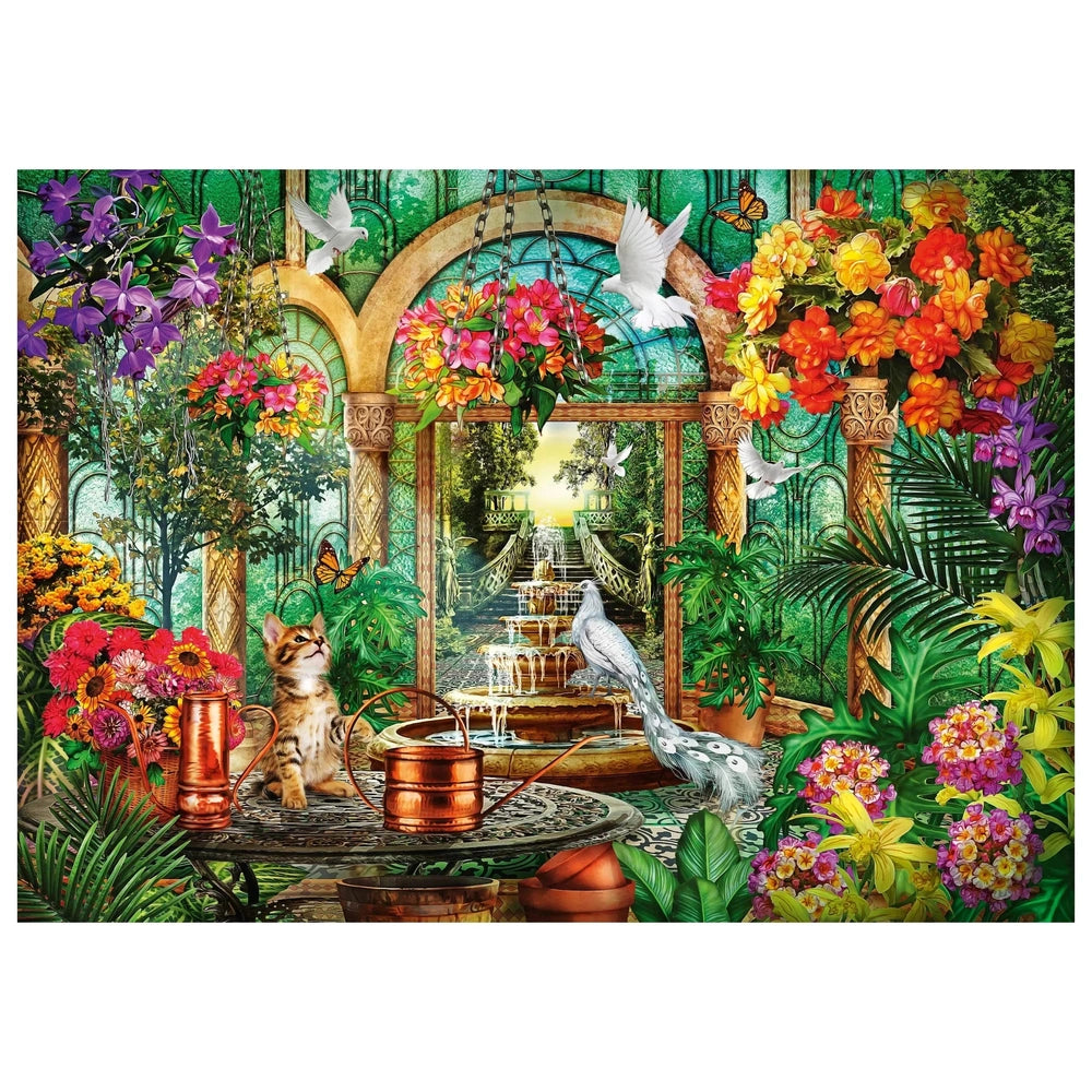 Schmidt Spiele's Atrium puzzle features a vibrant jungle scene with lush plants, a table, a bird, a cat, and a waterfall.