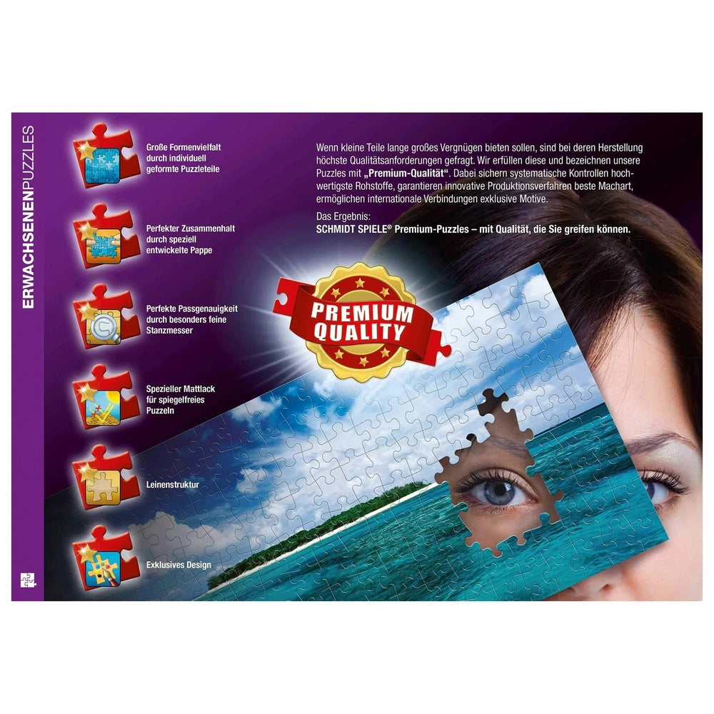 A woman's face partially obscured by a red puzzle piece with a gold border against a clear blue sky background.