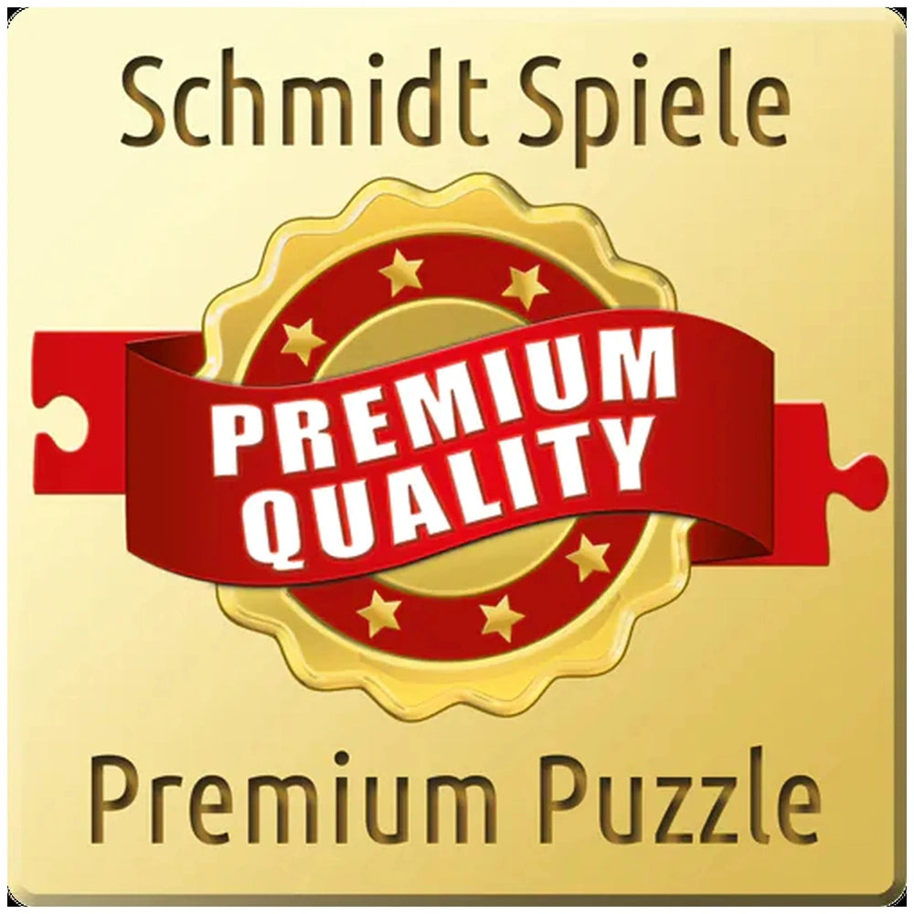 Schmidt Spiele puzzle features a golden border, red ribbon, and text stating "Premium Quality Premium Puzzle" on a beige back