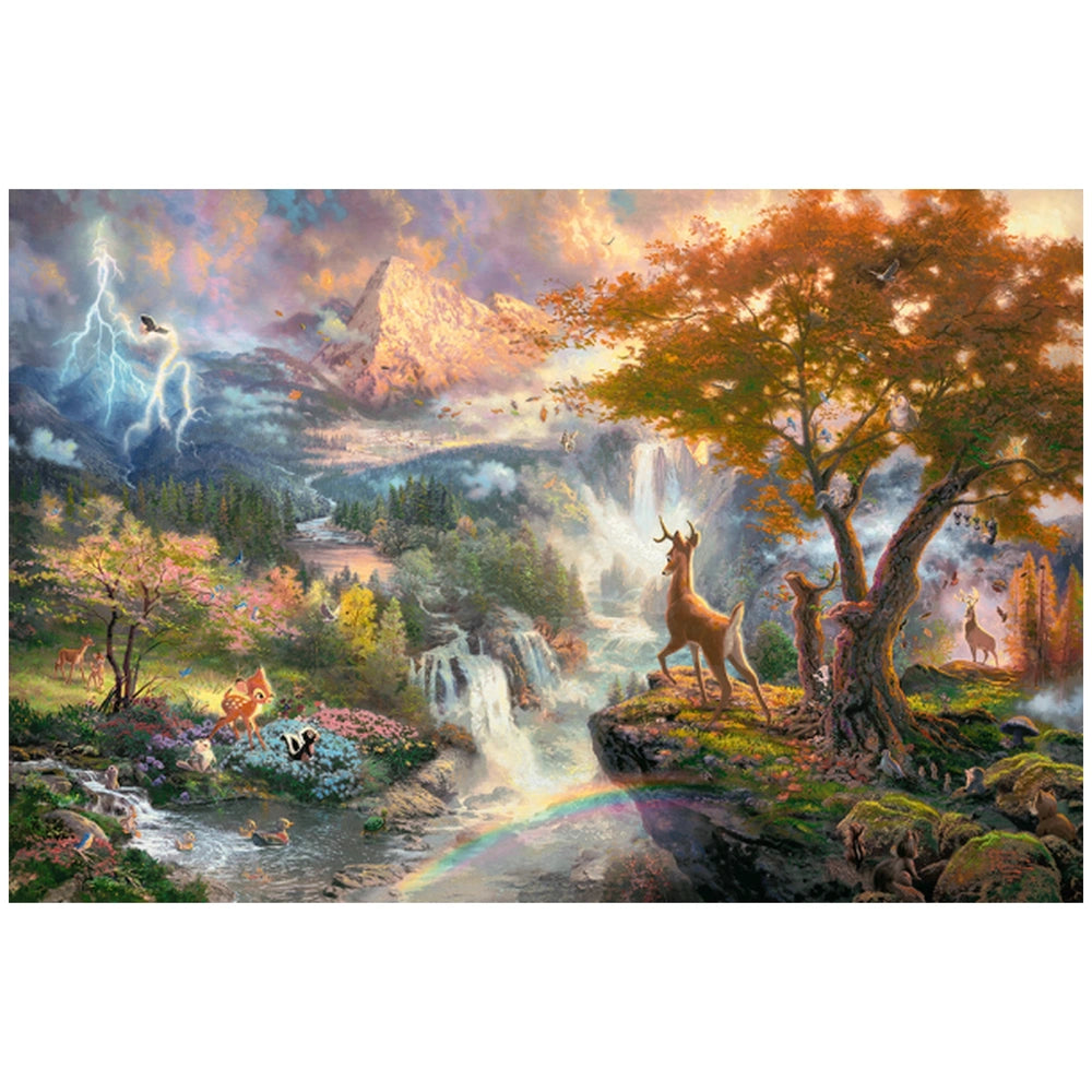 Schmidt Spiele Bambi puzzle features a vibrant landscape with a waterfall, rainbow, deer, birds, trees, and colorful flowers.