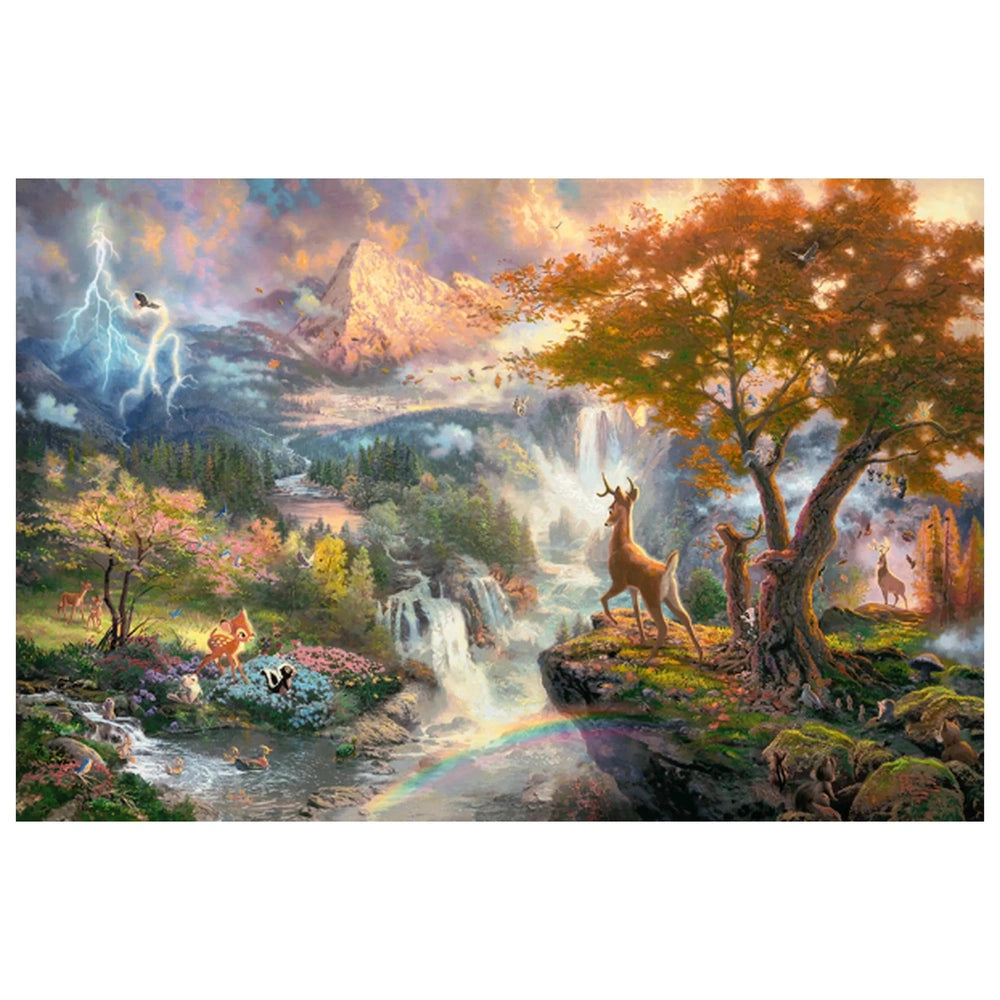 Schmidt Spiele Bambi puzzle features a vibrant landscape with a waterfall, deer, birds, rainbow, and a quaint village.