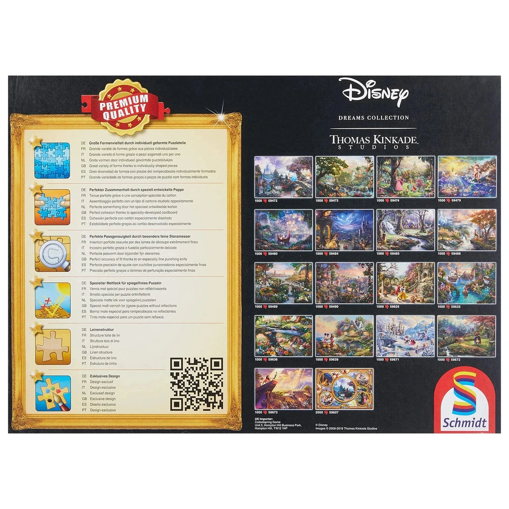Schmidt Spiele Bambi 1000 Pcs puzzle features vibrant Disney characters and scenes on a glossy black background.