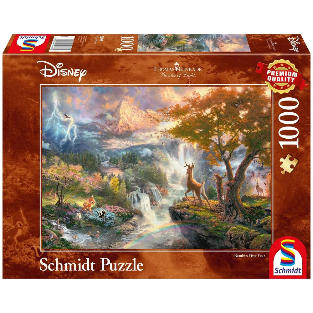 Schmidt Spiele Bambi 1000-piece puzzle box features a vibrant Disney landscape with a waterfall, trees, and wildlife.