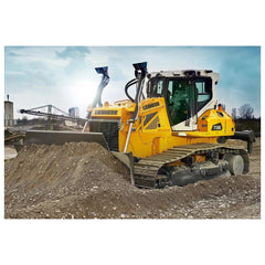 Yellow bulldozer parked on dirt, featuring "LIEBHERR" branding and a large blade, set in a daytime outdoor construction site.