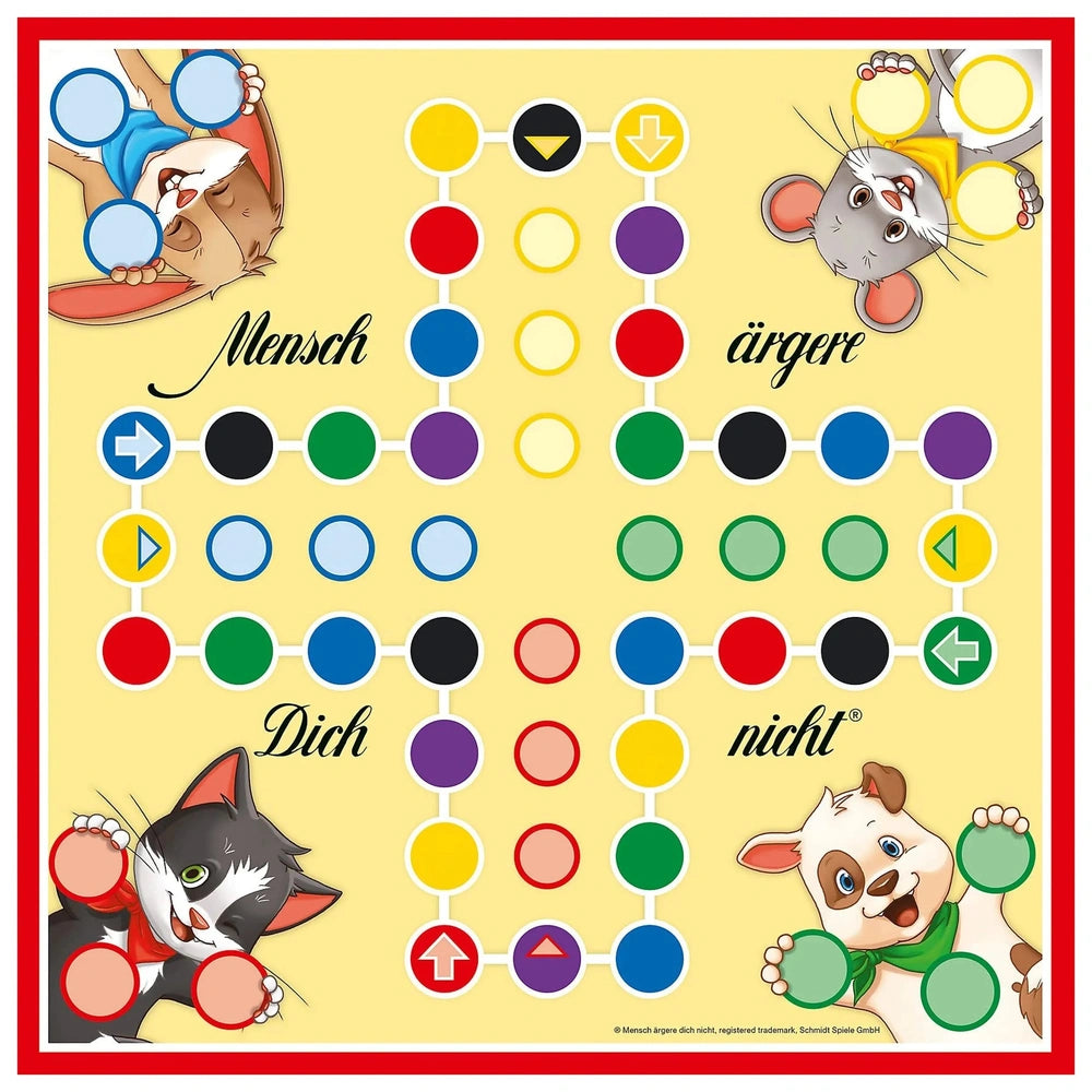 Schmidt Spiele children's board games feature a colorful illustration of a cat, dog, and mouse with playful expressions.
