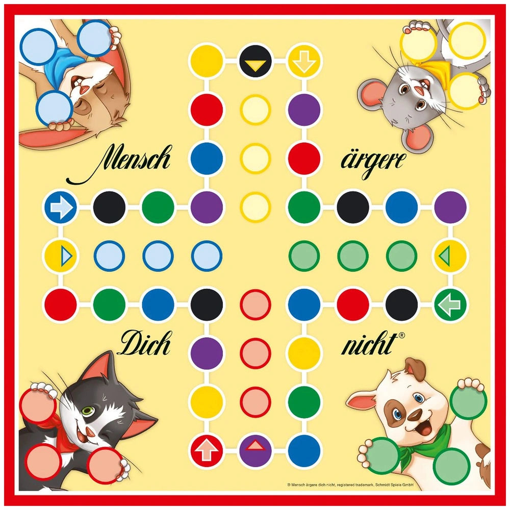 Schmidt Spiele children's board game features playful animals holding colorful circles on a vibrant grid background.