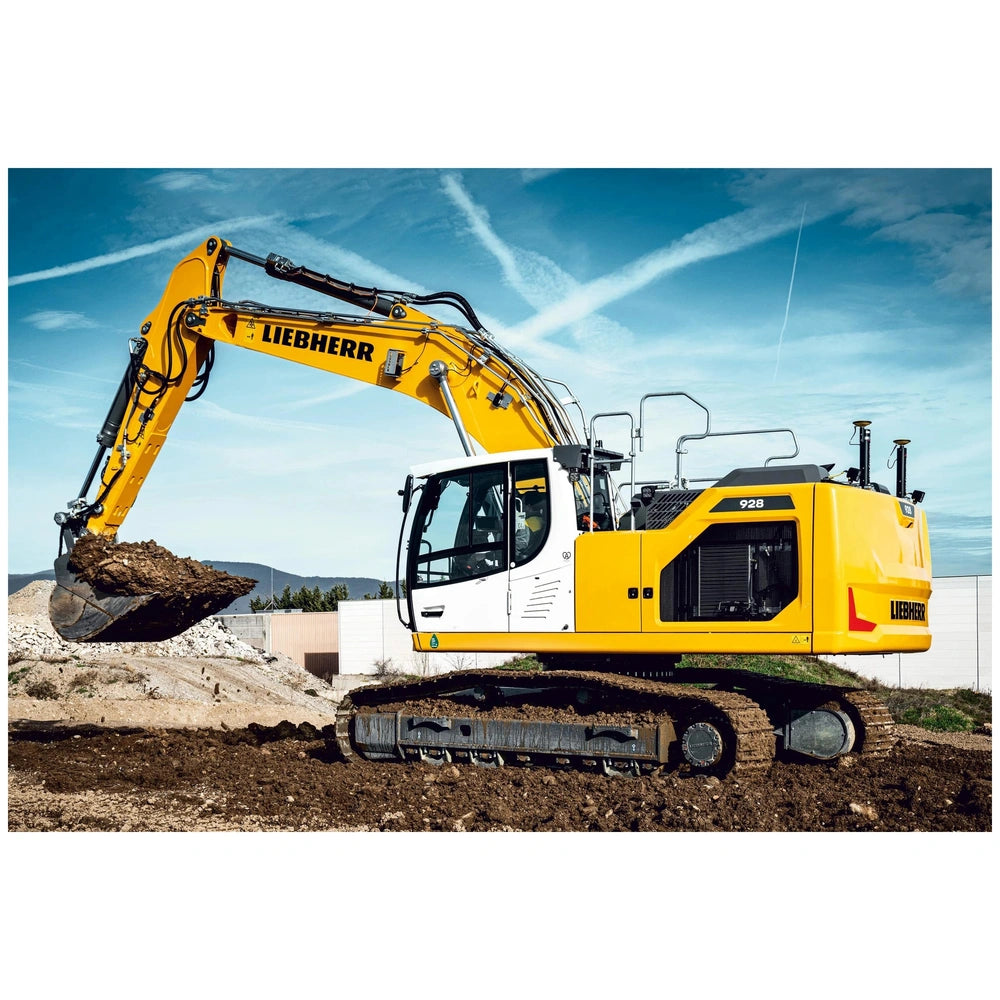 Schmidt Spiele Crawler Excavator R928 puzzle featuring a yellow Liebherr excavator on a sunny construction site.