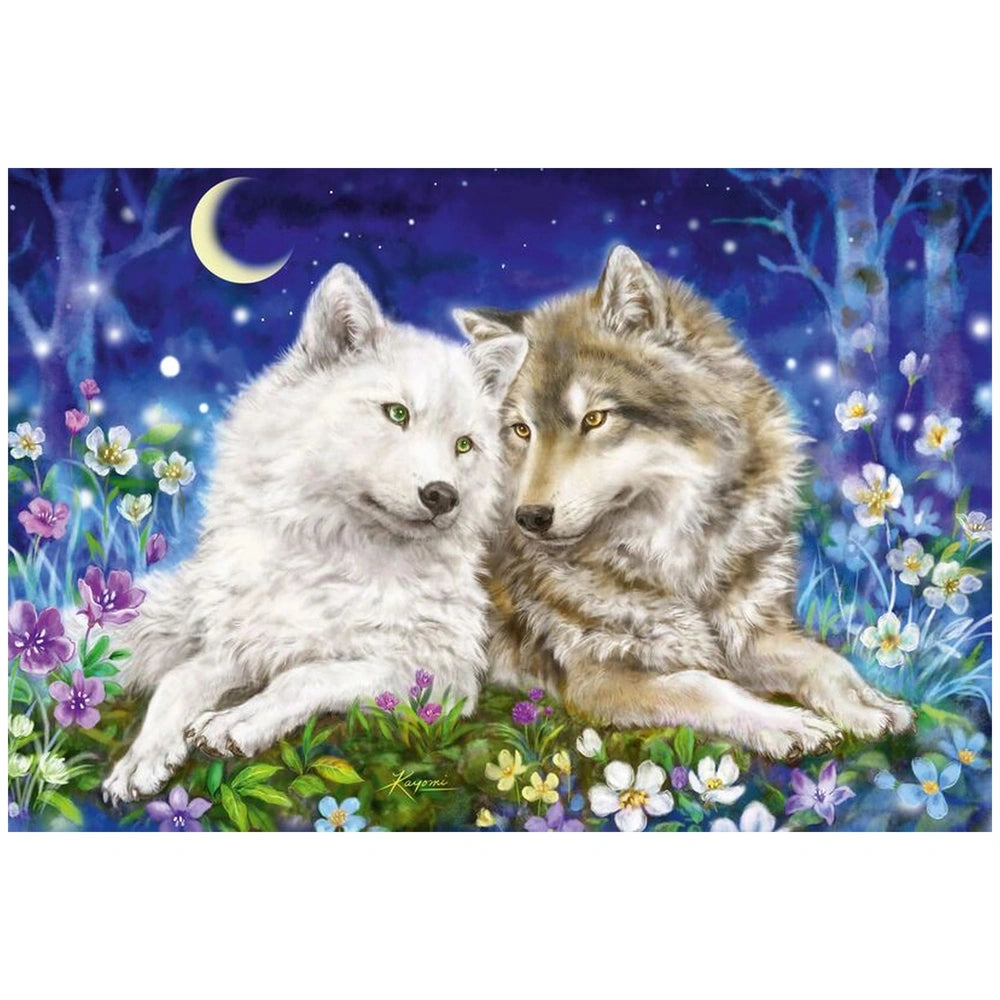 Cuddly Wolf Friends puzzle features two wolves in a serene night setting with a crescent moon and floral elements.