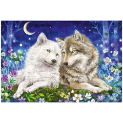 Cuddly Wolf Friends puzzle features two wolves in a serene night setting with a crescent moon and floral elements.