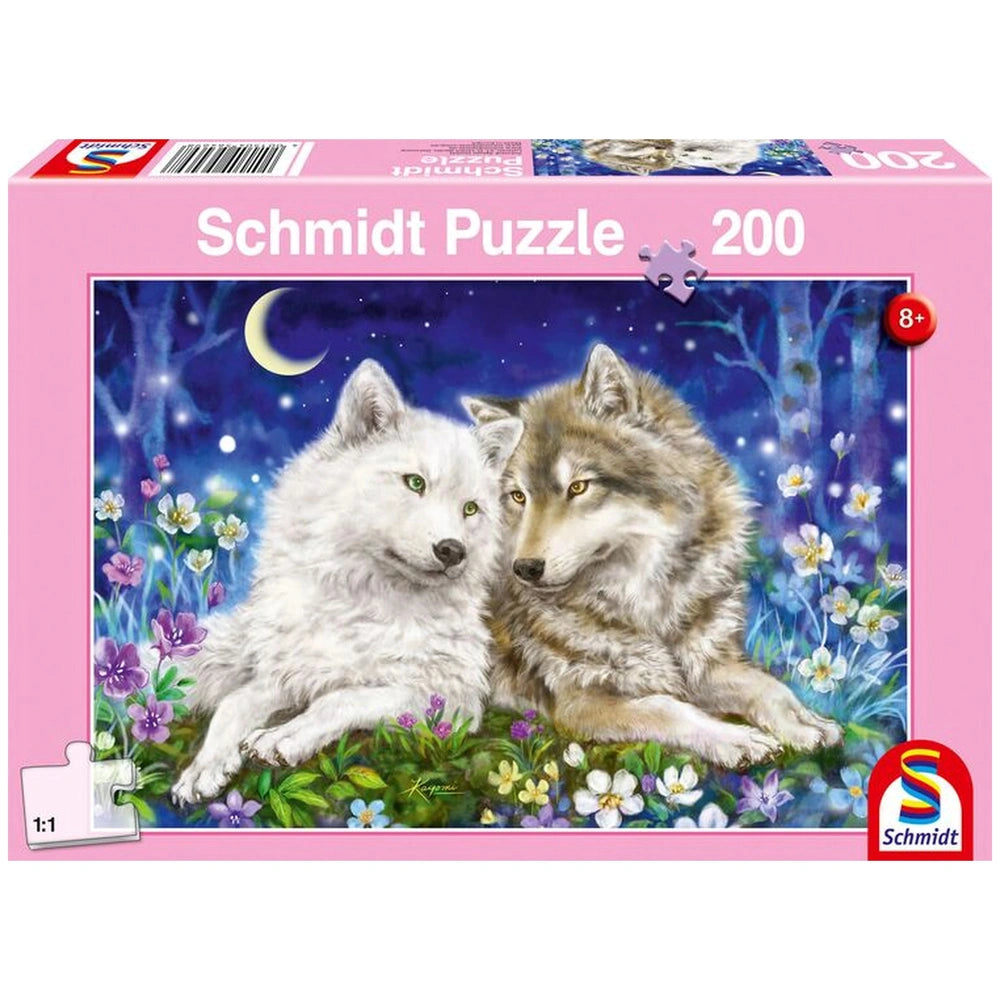 Cuddly Wolf Friends puzzle features two wolves in a vibrant night scene, perfect for children aged 8 and up.
