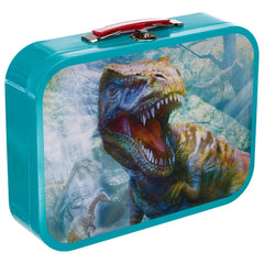 Schmidt Spiele Dinos puzzle box in a blue metal case with a dinosaur graphic and an open lid featuring a red handle.