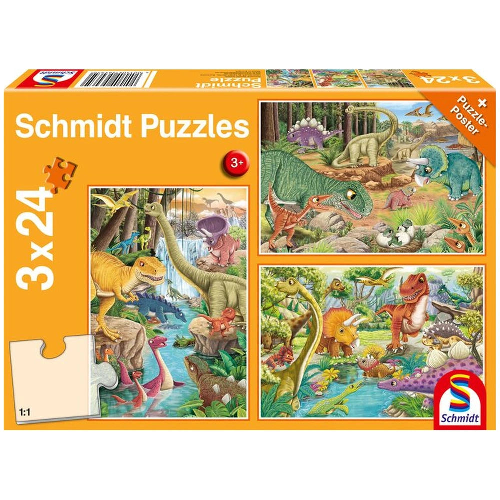 Schmidt Puzzles box featuring vibrant dinosaur illustrations and jungle scenes, designed for children's 3x24 piece puzzles.