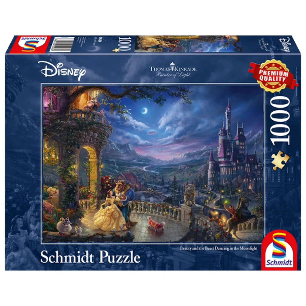 Schmidt Spiele jigsaw puzzle featuring a vibrant fairy-tale scene with a prince and princess under a crescent moon.