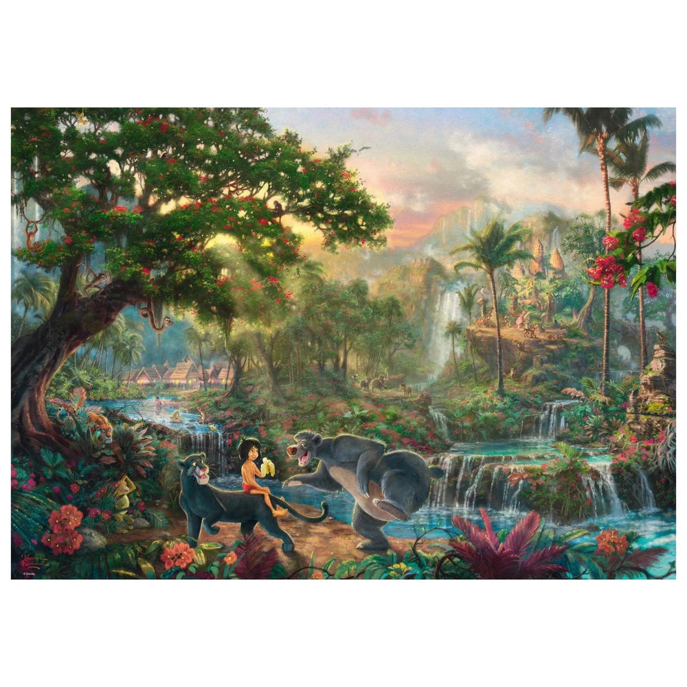 Schmidt Spiele Disney Jungle Book puzzle features a vibrant tropical scene with a waterfall, lush trees, and colorful foliage