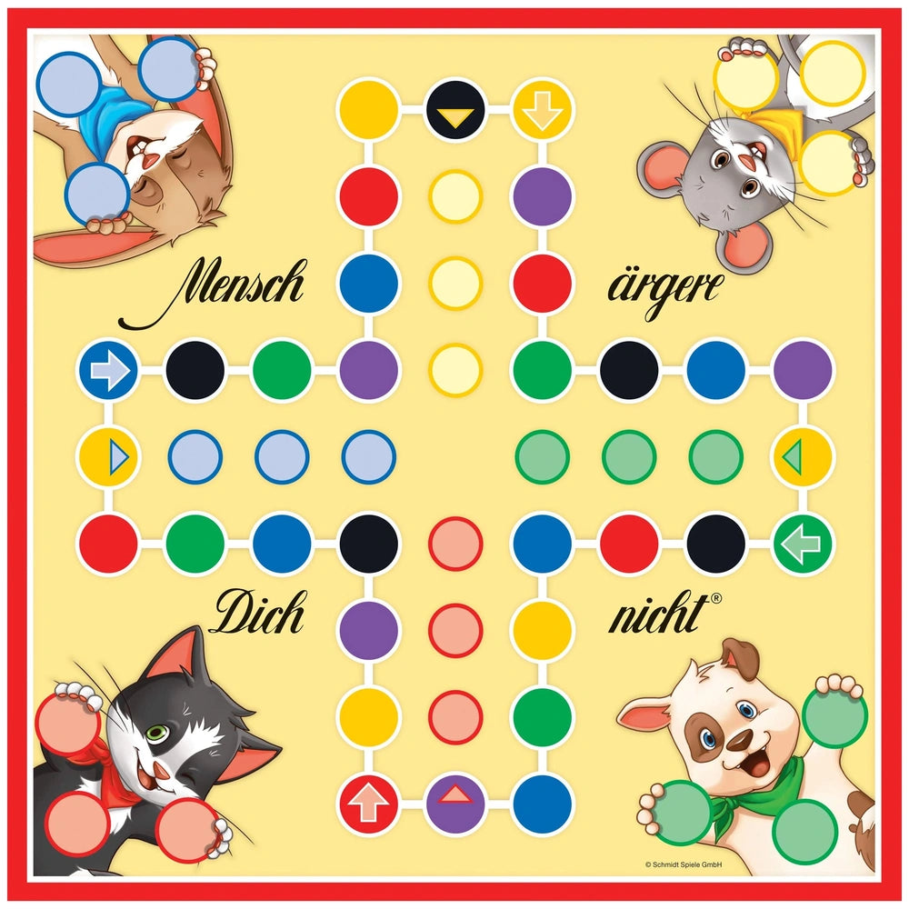 Schmidt Spiele's Don't Bother Me Kids board game features playful characters: a cat, dog, mouse, and rabbit on a colorful gri