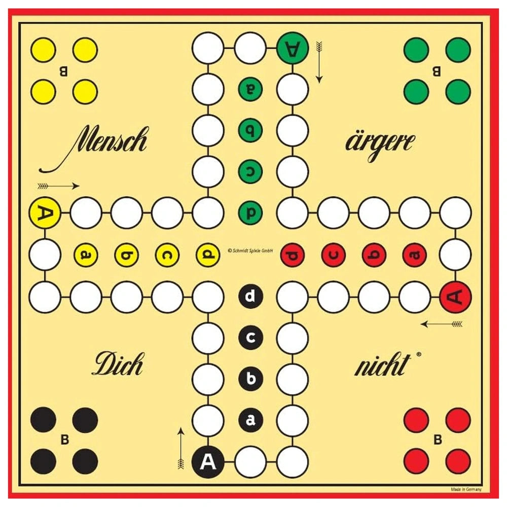 Schmidt Spiele's Don't Get Angry board game features a colorful grid design with circles, letters, and numbers on a yellow ba