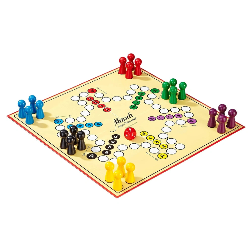 Schmidt Spiele's Don't Get Angry board game features a light-colored grid board with strategically arranged red, green, blue,