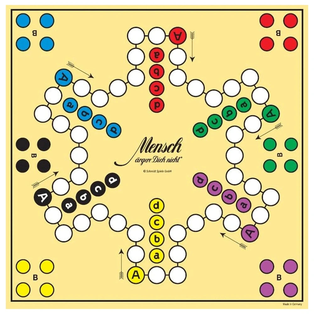 Schmidt Spiele's Don't Get Angry board game features a colorful grid with letter tiles forming words like "MANSCH" on a yello
