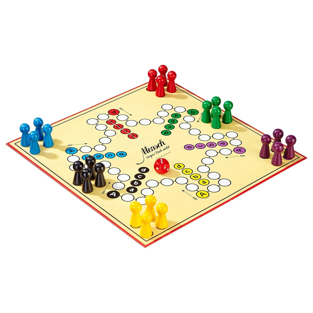 Schmidt Spiele's Don't Get Angry board game features a checkered board with colorful plastic pieces, including a central red 