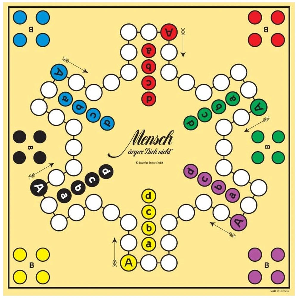 Schmidt Spiele's Don't Get Angry board game features a colorful, circular design on a yellow background with letters and numb