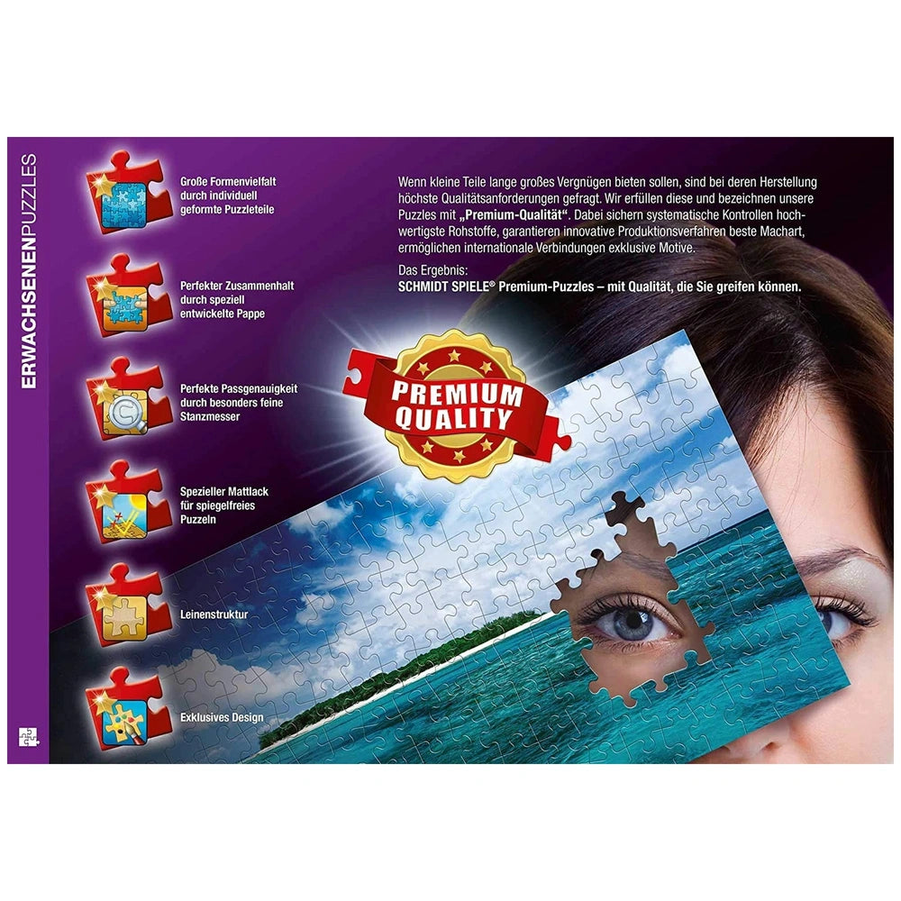 Schmidt Spiele Dream Whispers puzzle features a close-up of an eye with floating puzzle pieces against a blue sky and water b