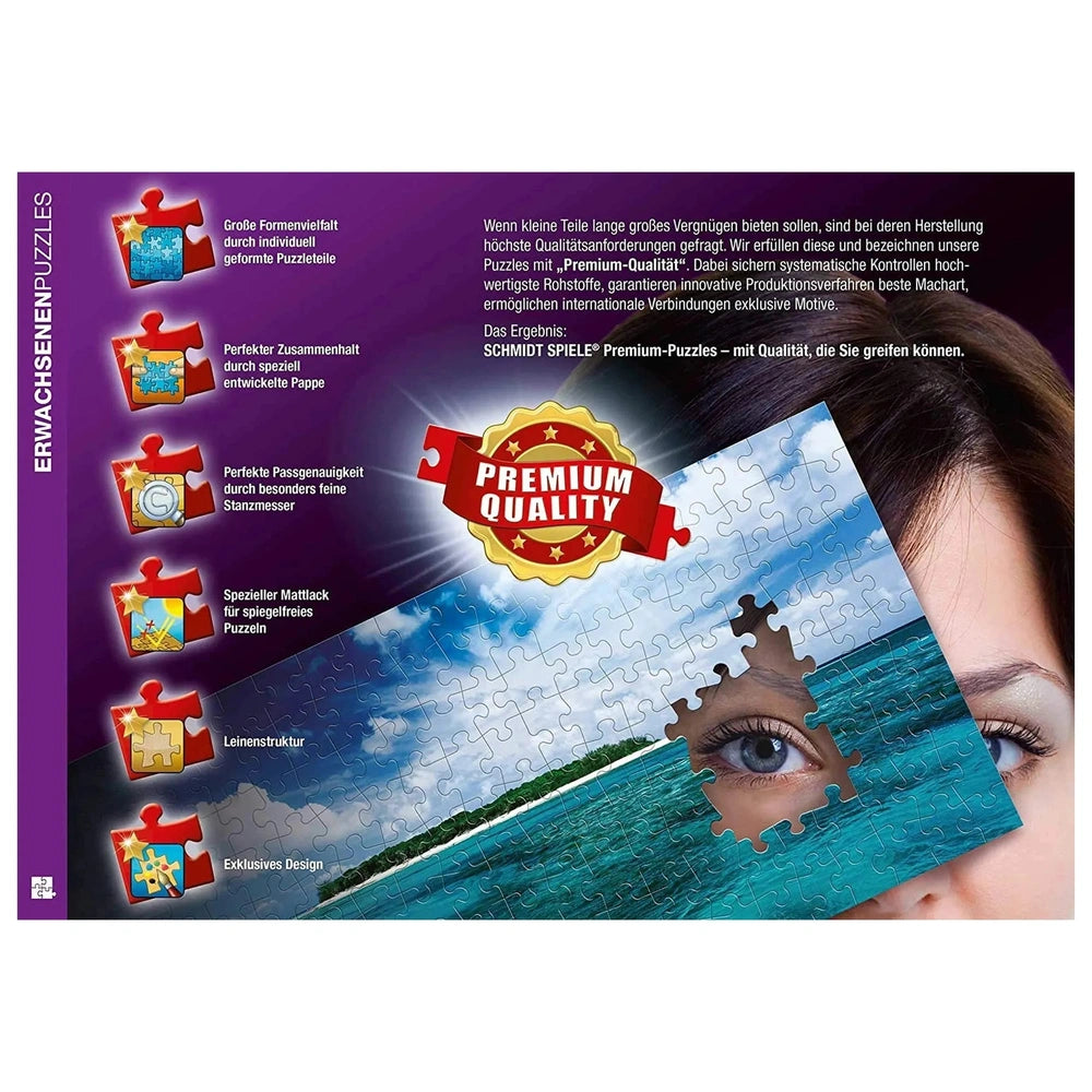 Schmidt Spiele Dream Whispers puzzle features a woman's face with jigsaw pieces over her eyes against a blue sky background.