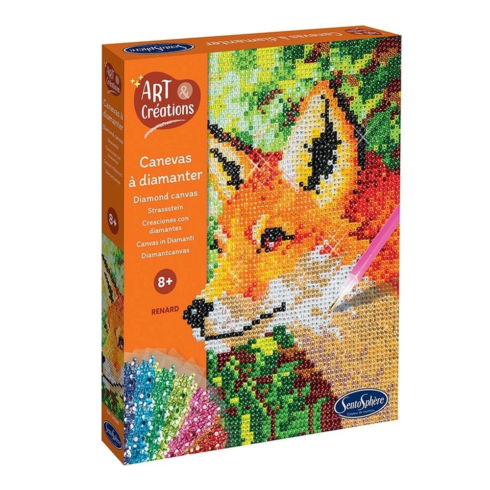 Art Creations Diamond Canvas Fox kit box featuring a colorful, beaded fox design on a vibrant orange background.