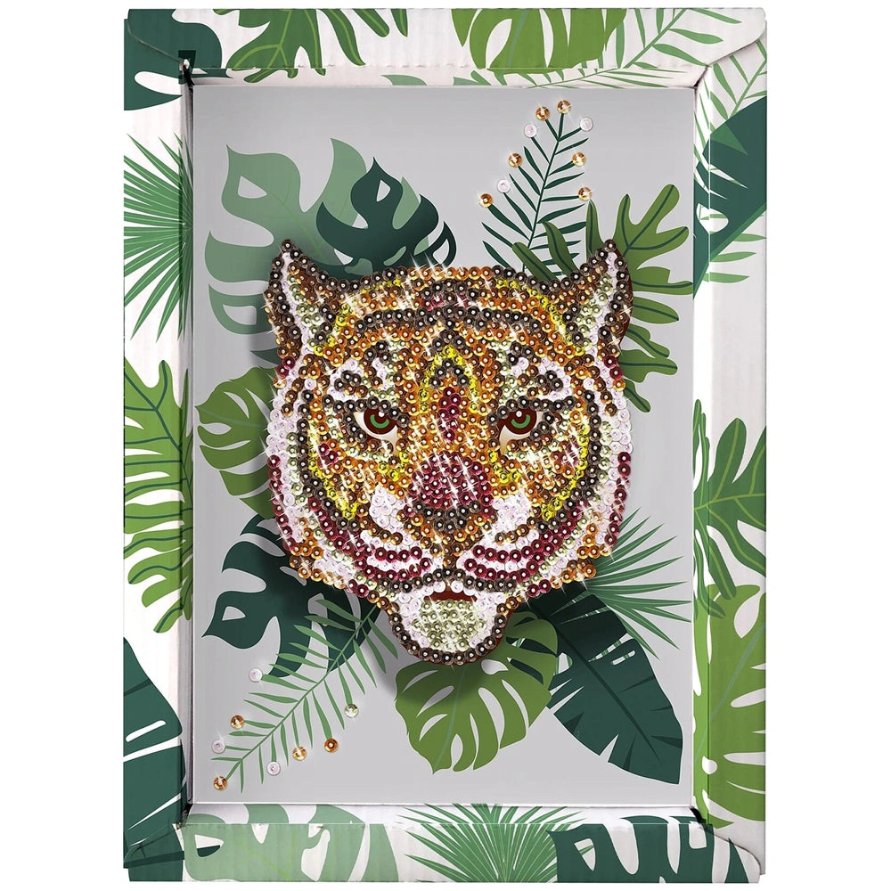 Decorative wall art featuring a vibrant, intricately detailed tiger's head embellished with beads against a green leaf backgr