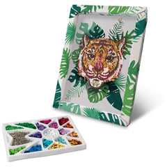 Decorative framed picture featuring a colorful beaded tiger's face surrounded by a leafy pattern and a tray of assorted beads
