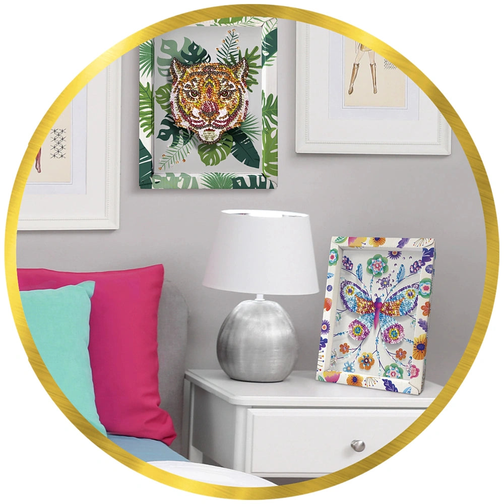 Sentosphere's Sequins Tiger collection features vibrant artwork of a tiger, complemented by a colorful pillow in a cozy inter