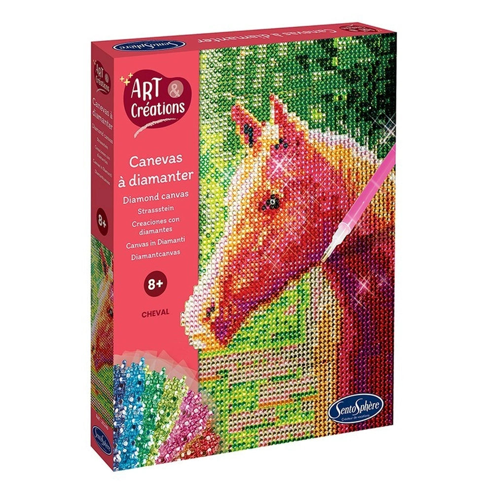 Diamond Canvas Horse art box features a vibrant, pixelated horse design in pink, yellow, green, and blue on a glossy surface.