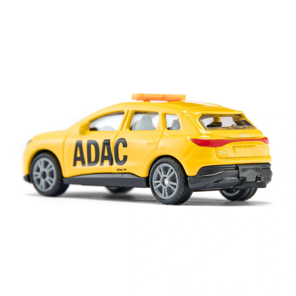 Yellow toy car with a black roof and wheels, featuring "ADAC" text on the side, set against a white background.
