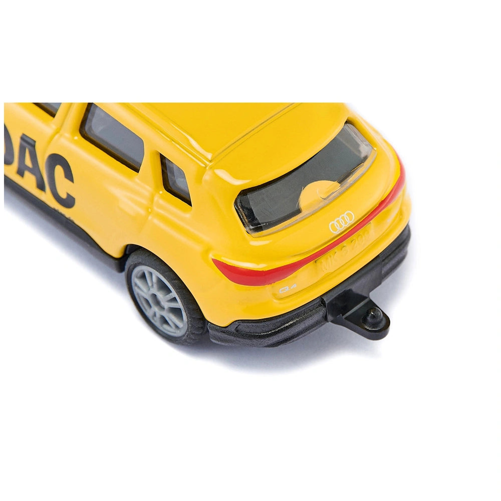 Siku ADAC Audi Q4 e-tron toy car in yellow with black accents, featuring a smooth body, matte wheels, and a red stripe.