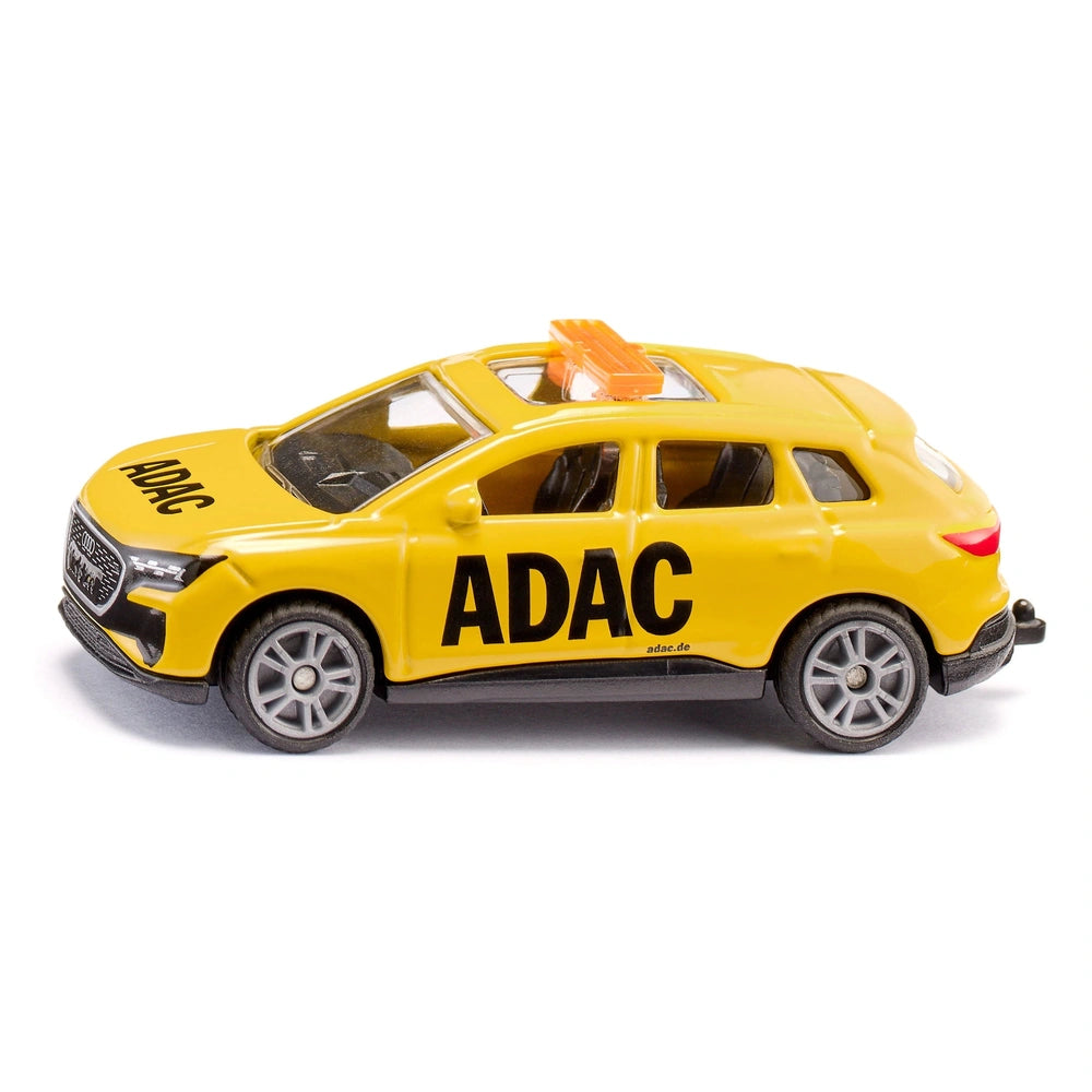 Siku ADAC Audi Q4 e-tron toy car in yellow with black accents, featuring a glossy finish and roof rack, displayed on a white 