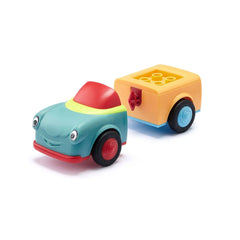 Siku construction set features a glossy blue vehicle with red accents and a matte yellow vehicle with blue accents, both smil