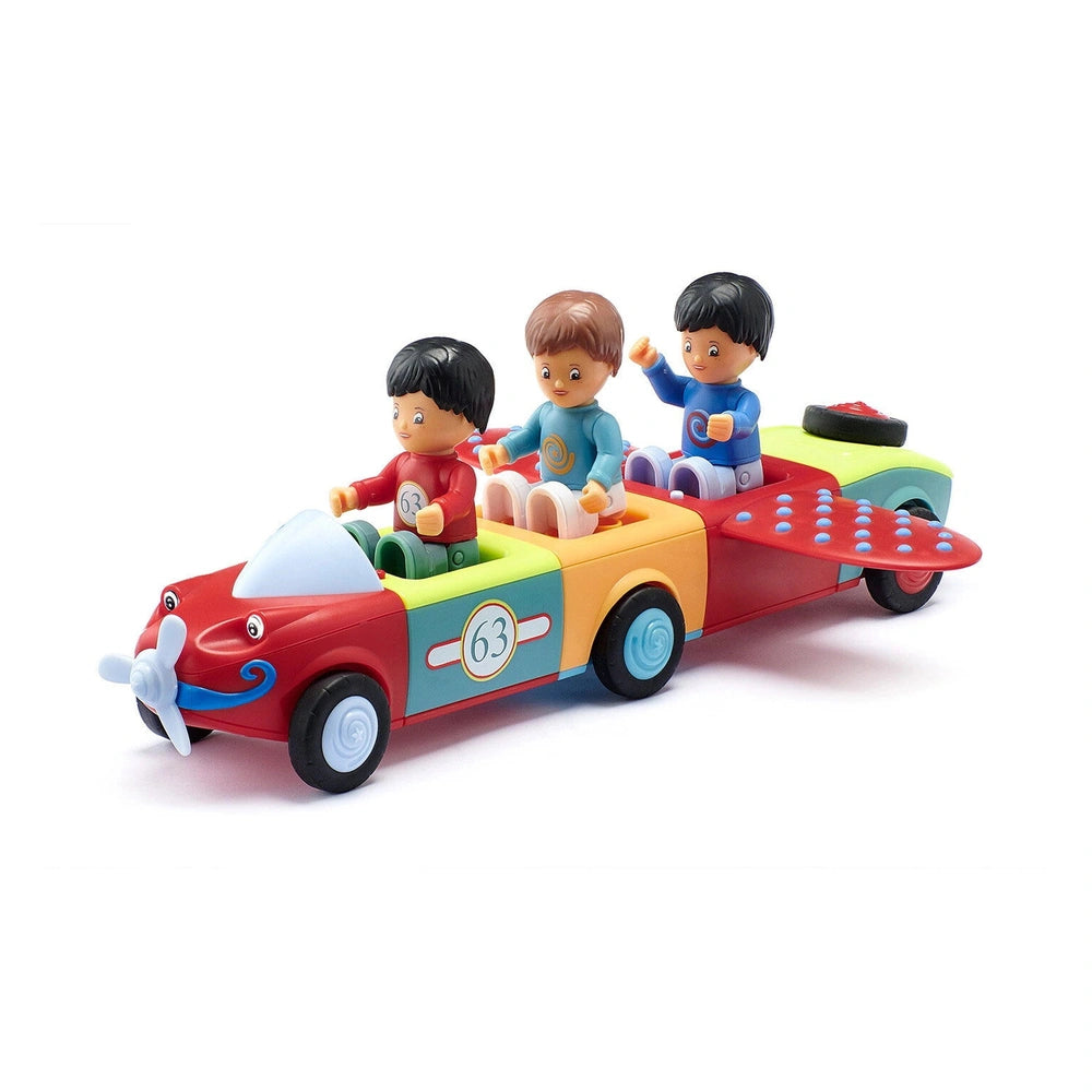 Siku Adam Addy Toddys construction set features a red convertible toy car with three colorful figures seated inside.