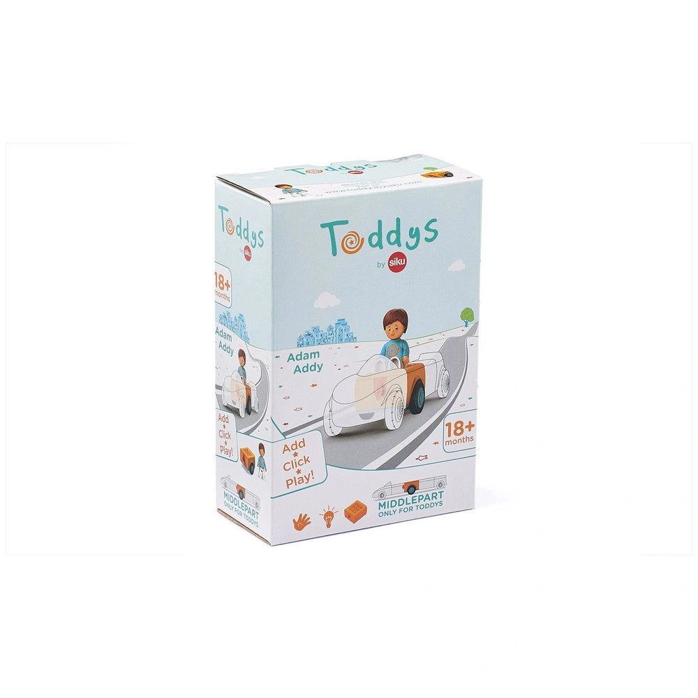 Siku Toddys construction set box features a child in a white car against a pastel blue sky, promoting imaginative play.