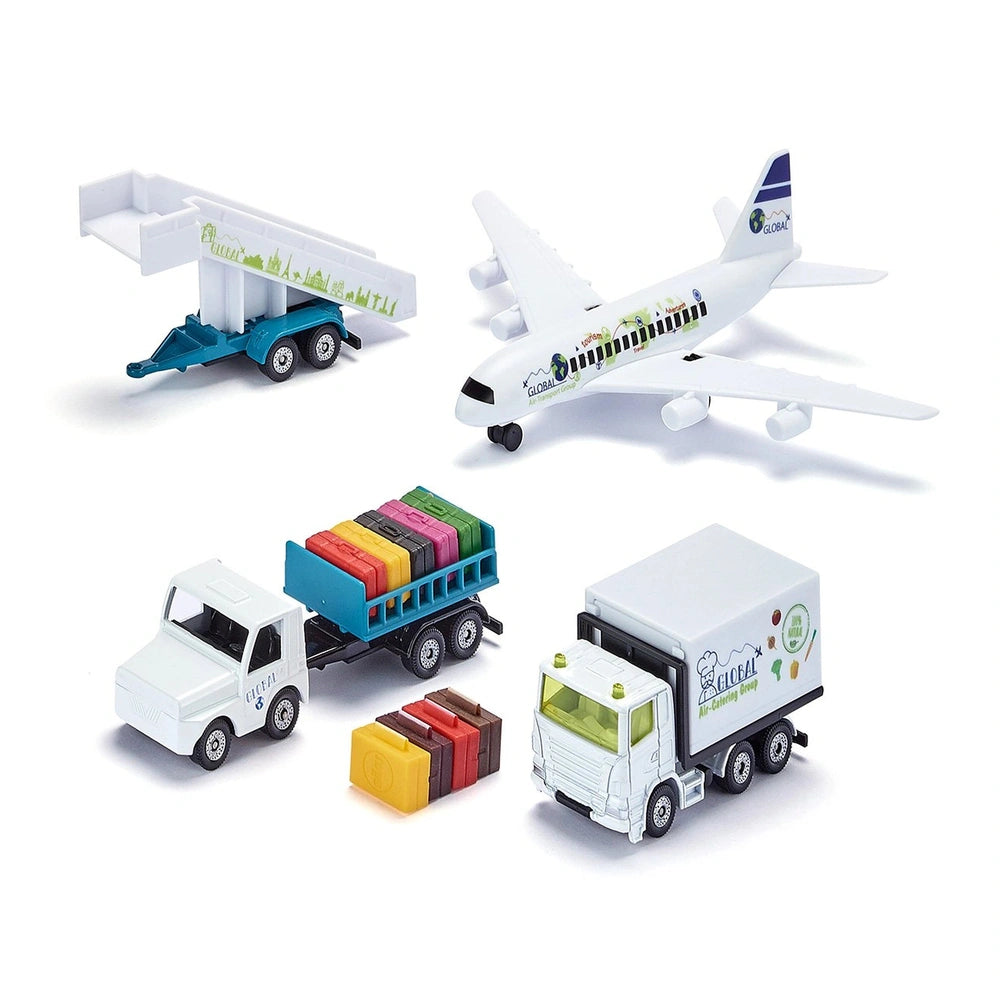 Siku Airport set features colorful toy vehicles including trucks and an airplane, arranged to depict a transportation scene.